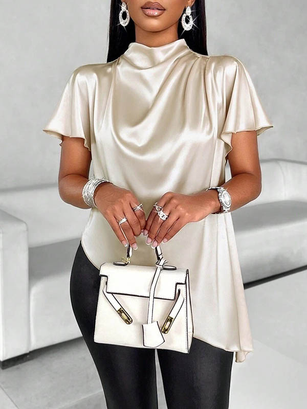 Loose Short Sleeves Asymmetric Solid Color Mock Neck Blouses&Shirts Tops