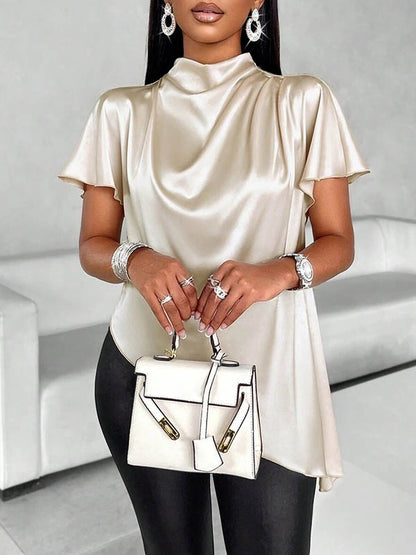 Loose Short Sleeves Asymmetric Solid Color Mock Neck Blouses&Shirts Tops