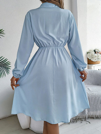 A-line Long Sleeves Buttoned Pleated Solid Color Tied Lapel Midi Dresses Shirt Dress