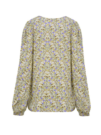 Bishop Sleeve Long Sleeves Flower Print Square-Neck Blouses&Shirts Tops