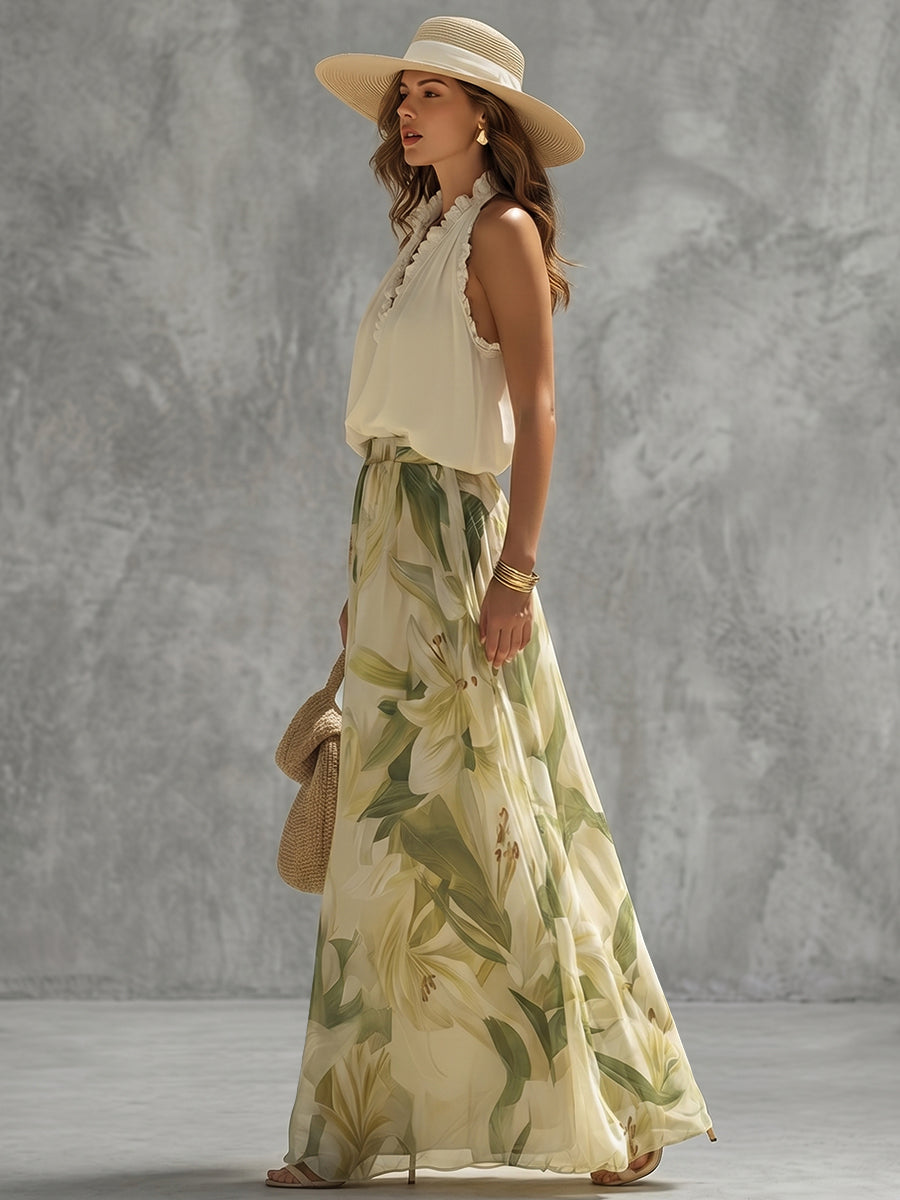 Loose Sleeveless Ruffle Trim Solid Color Halter-Neck Tank Top
