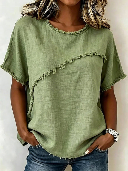 Loose Short Sleeves Fringed Solid Color Split-Joint Round-Neck T-Shirts Tops