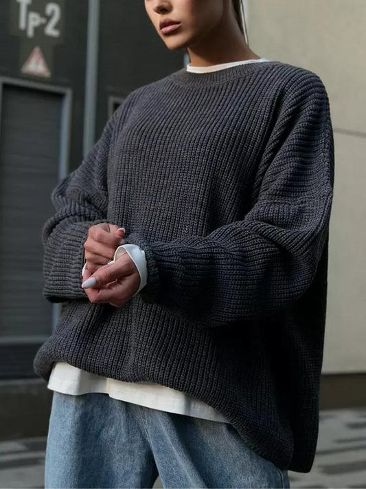 Long Sleeves Loose Solid Color Split-Joint Round-Neck Sweater Tops