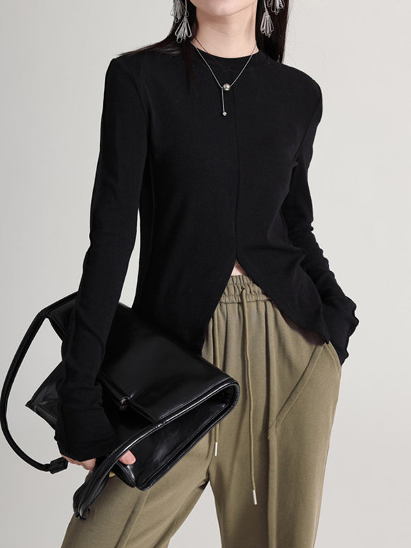 Long Sleeves Skinny Solid Color Split-Front Round-Neck T-Shirts Tops