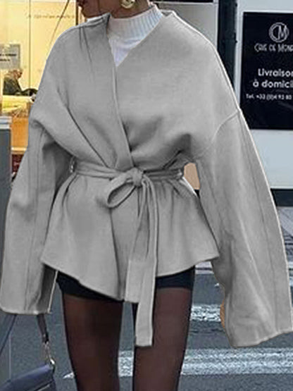 Long Sleeves Loose Solid Color Tied Waist V-Neck Outerwear