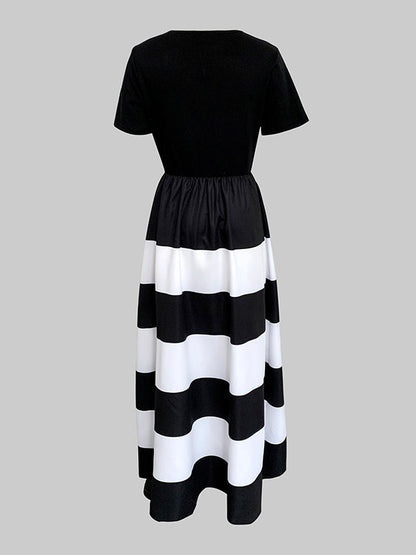 A-Line High Waisted Contrast Color Pleated Pockets Round-Neck Maxi Dresses