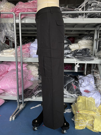 Loose Wide Leg Buttoned Pockets Solid Color Split-Joint Pants Trousers
