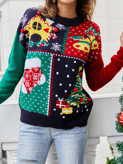 Long Sleeves Loose Contrast Color Round-Neck Pullovers Sweater Tops