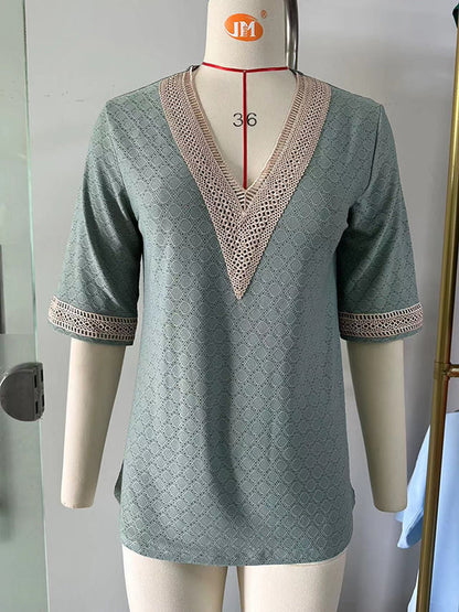 Loose Short Sleeves Contrast Color Hollow Split-Joint V-Neck T-Shirts Tops