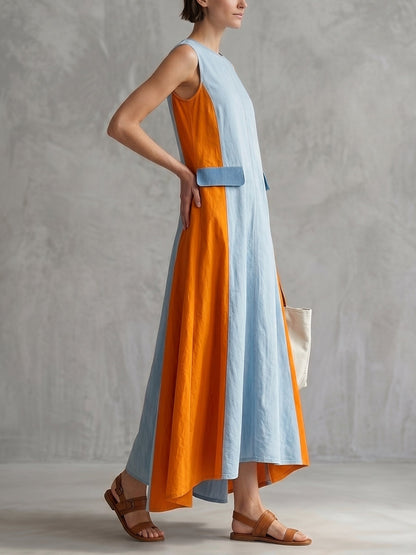 A-Line Loose Contrast Color Split-Front Round-Neck Maxi Dresses