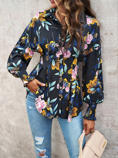 Bishop Sleeve Long Sleeves Buttoned Elasticity Flower Print Pleated Lapel Blouses&Shirts Tops