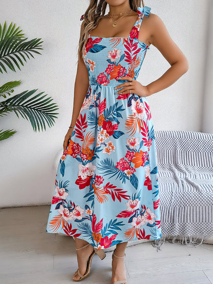 A-Line Loose Contrast Color Elasticity Flower Print Tied Spaghetti-Neck Midi Dresses