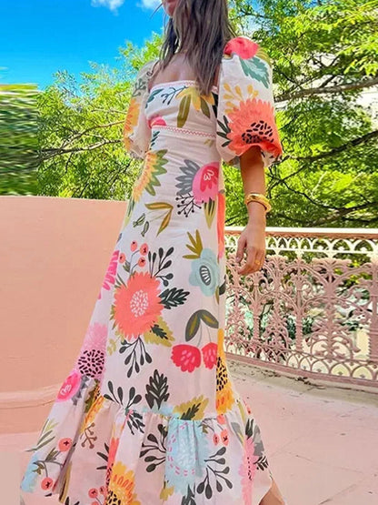 A-Line High Waisted Contrast Color Pleated Printed Ruffled Split-Joint Square-Neck Midi Dresses