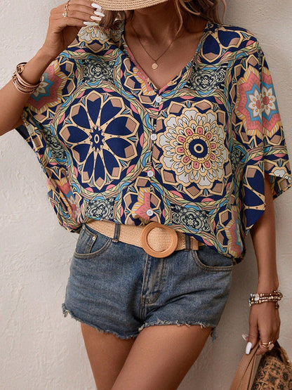 Batwing Sleeves Loose Buttoned Flower Print V-Neck Blouses&Shirts Tops