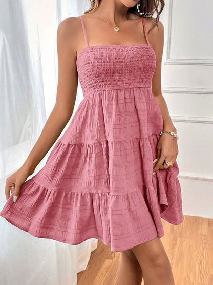 Elasticated Waist High Waisted Pleated Solid Color Split-Joint Spaghetti-Neck Mini Dresses