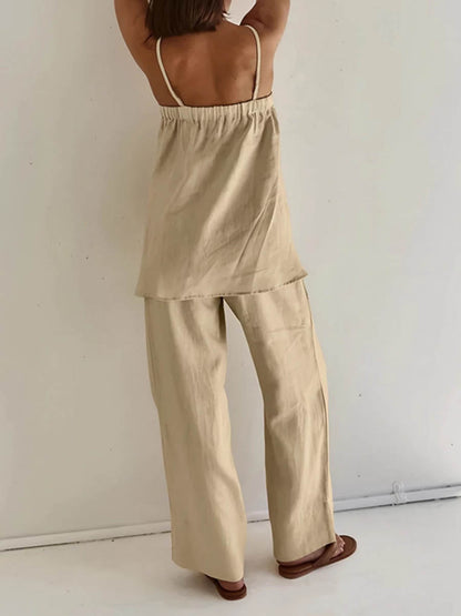 High Waisted Loose Elasticity Solid Color Spaghetti-Neck Vest Top +Pants Bottom Suits