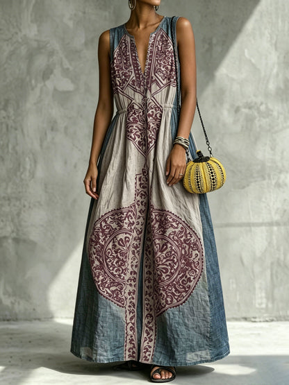 Loose Sleeveless Contrast Color Pleated Pockets V-Neck Maxi Dresses