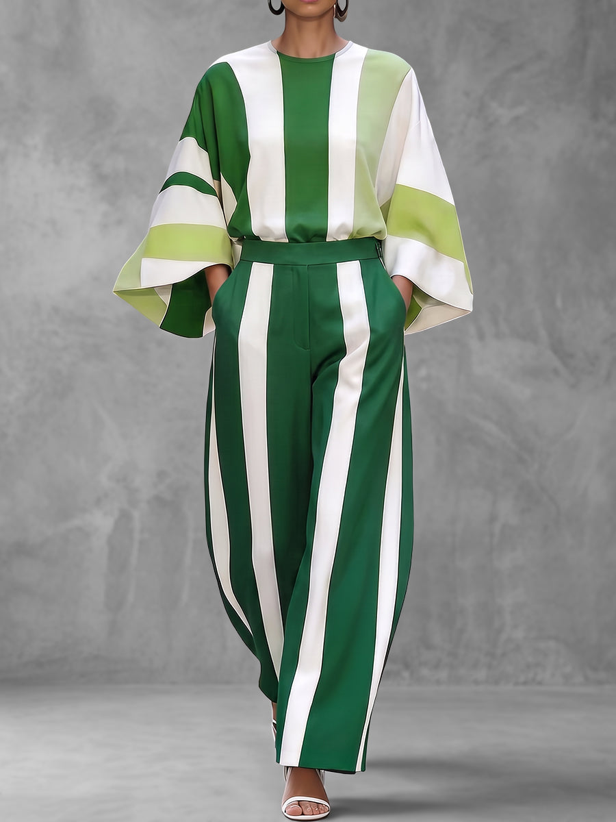 Striped Pockets Elasticity Contrast Color Wide Leg Loose Trousers Pants