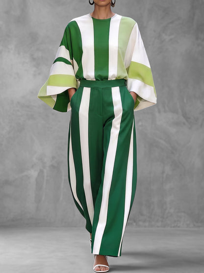 Striped Contrast Color Loose Long Sleeves Round-neck Blouses&shirts Tops