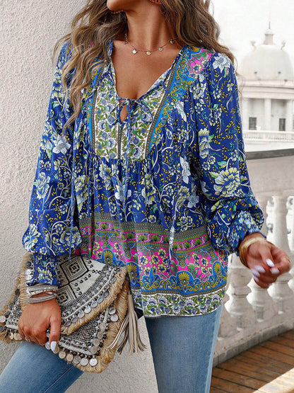 Long Sleeves Loose Contrast Color Drawstring Flower Print Pleated Split-Joint V-Neck Blouses&Shirts Tops
