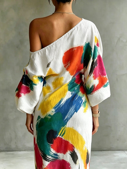 Long Sleeves Loose Asymmetric Contrast Color Pockets Printed One-Shoulder Maxi Dresses