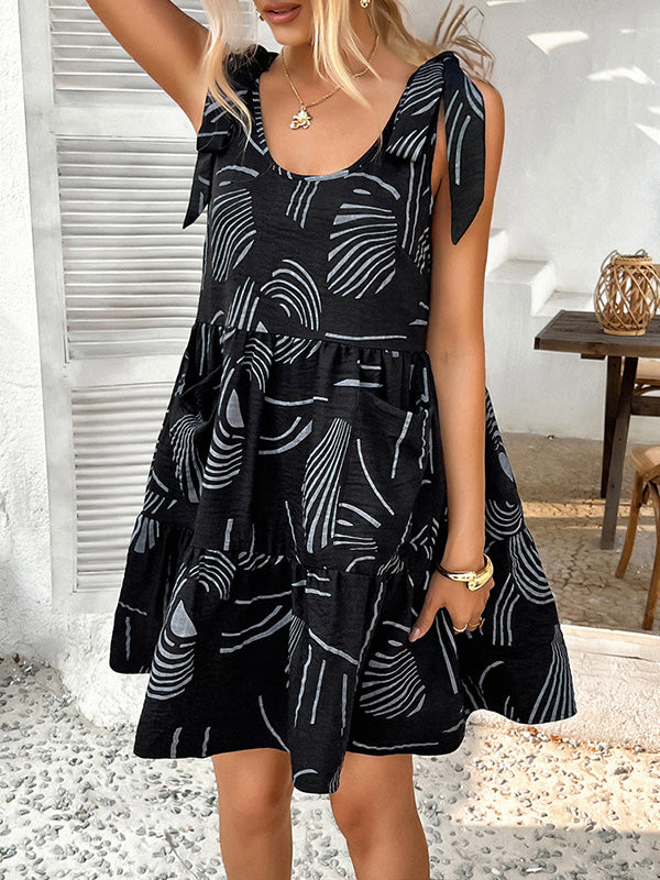 A-Line Loose Contrast Color Pleated Pockets Printed Tied Spaghetti-Neck Mini Dresses
