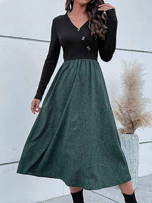 High Waisted Long Sleeves Asymmetric Buttoned Leopard Split-Joint V-Neck Midi Dresses