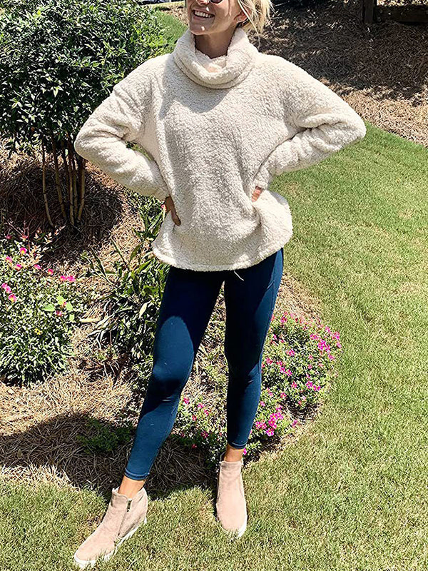 Long Sleeves Loose Solid Color Split-Joint High Neck Sweatshirt Tops