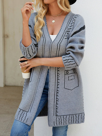 Long Sleeves Loose Jacquard Split-Joint V-Neck Cardigan Tops