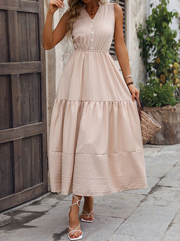 A-line High Waisted Buttoned Elasticity Pleated Split-Joint V-neck Midi Dresses