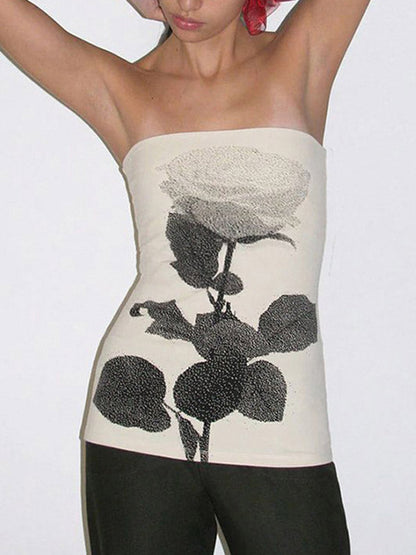 Skinny Sleeveless Contrast Color Flower Print Split-Side Tube Vest Top
