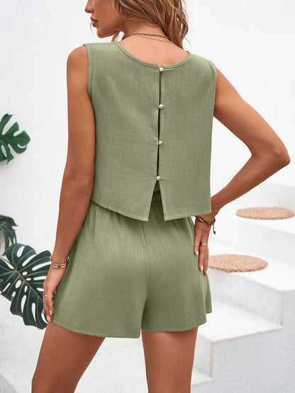 Loose Sleeveless Buttoned Drawstring Elasticity Pockets Solid Color Round-Neck Shorts Bottoms + Tank Top Two Pieces Set