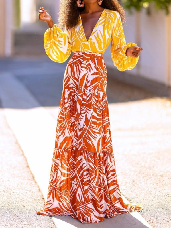 High Waisted Loose Layered Leaves Print Skirts Bottoms