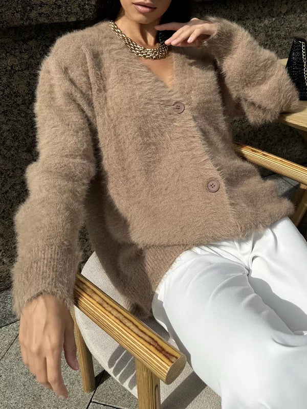 Long Sleeves Loose Buttoned Solid Color V-Neck Cardigan Tops