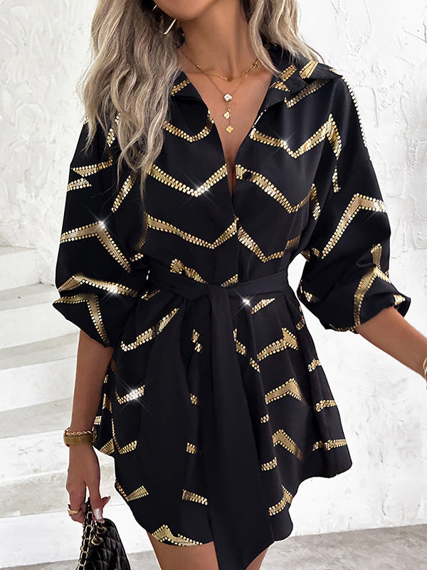 Long Sleeves Loose Buttoned Elasticity Striped Tied Waist Lapel Mini Dresses Shirt Dress