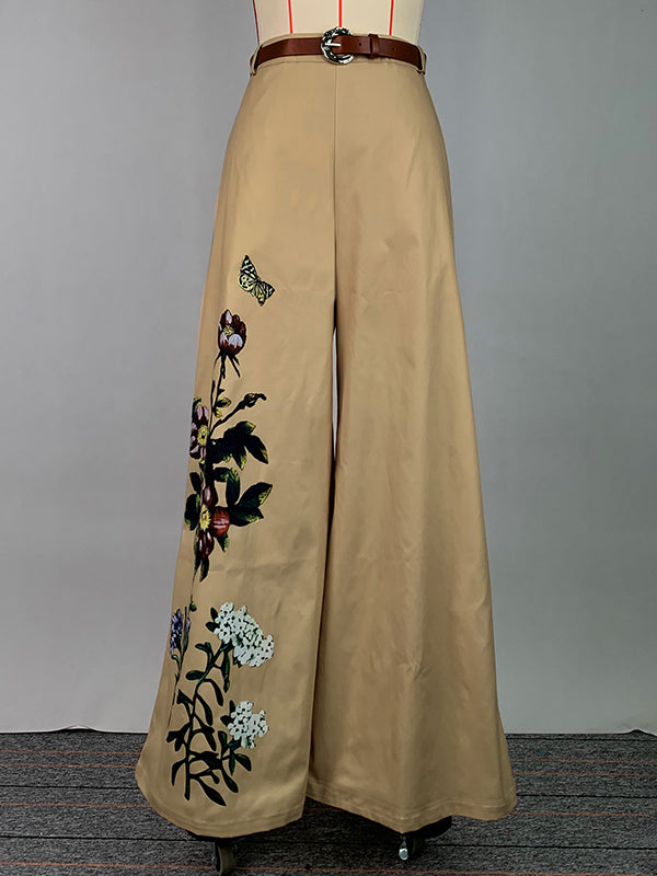 High Waisted Loose Belted Flower Print Pockets Pants Trousers