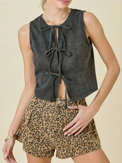 Loose Sleeveless Lace-Up Split-Joint Round-Neck Vest Top