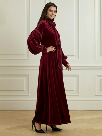 A-Line Long Sleeves Bow-Embellished Pleated Solid Color Split-Joint High Neck Maxi Dresses