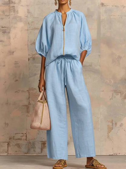 Half Sleeves Loose Drawstring Elasticity Pockets Solid Color Zipper Round-Neck Blouses&Shirts Tops Pants Trousers Two Pieces Set