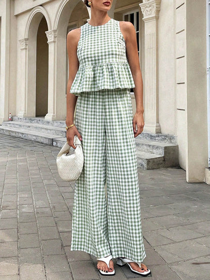 A-Line Loose Plaid Pleated Split-Joint Round-Neck Vest Top + Pants Bottom Suits