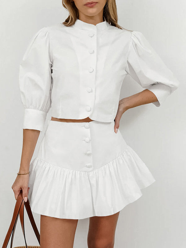 Solid Color Puff Sleeves Split-Joint Stand Collar Blouses + Pleated High Waisted Skirts Two Pieces Set