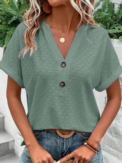 Loose Plus Size Buttoned Jacquard Split-Joint V-Neck T-Shirts Tops