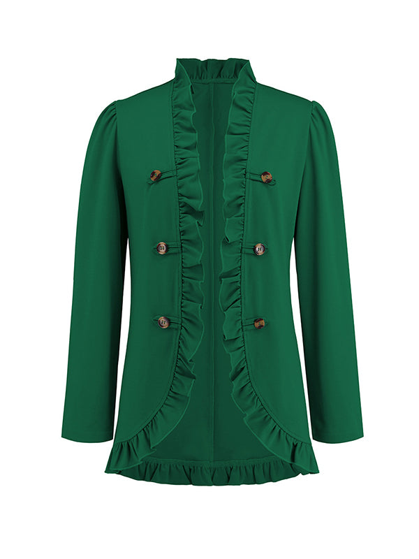 Long Sleeves Loose Buttoned Ruffled Collarless Outerwear