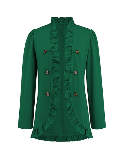 Long Sleeves Loose Buttoned Ruffled Collarless Outerwear