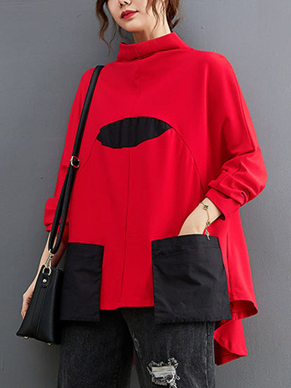 Casual Loose Split-Joint High-Neck Long Batwing Sleeves T-Shirt