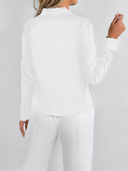 Long Sleeves Loose Solid Color Split-Joint Streamer Scarf Collar Blouses&Shirts Tops