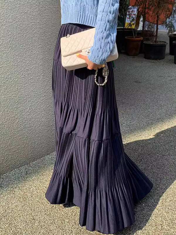 A-Line High Waisted Pleated Solid Color Split-Joint Skirts Bottoms