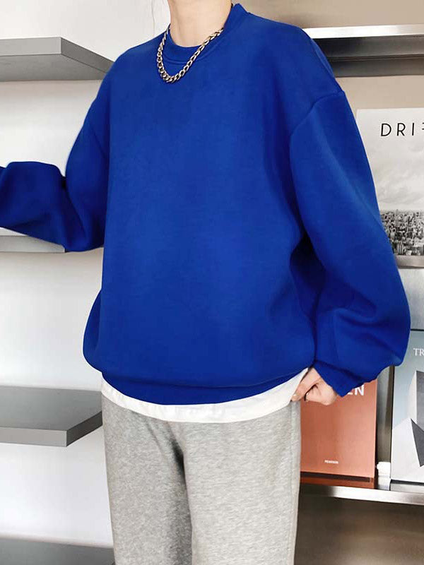 Long Sleeves Loose Solid Color Round-Neck Sweatshirt Tops