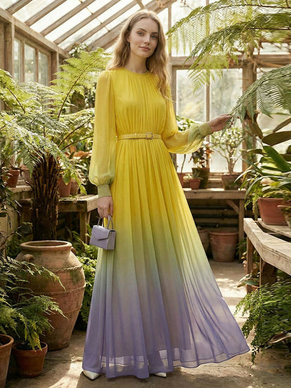 High Waisted Long Sleeves Belted Contrast Color Gradient Pleated Split-Joint Round-Neck Maxi Dresses