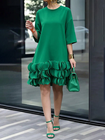 A-Line Loose Solid Color Split-Joint Three-Dimensional Flower Round-Neck Midi Dresses-1